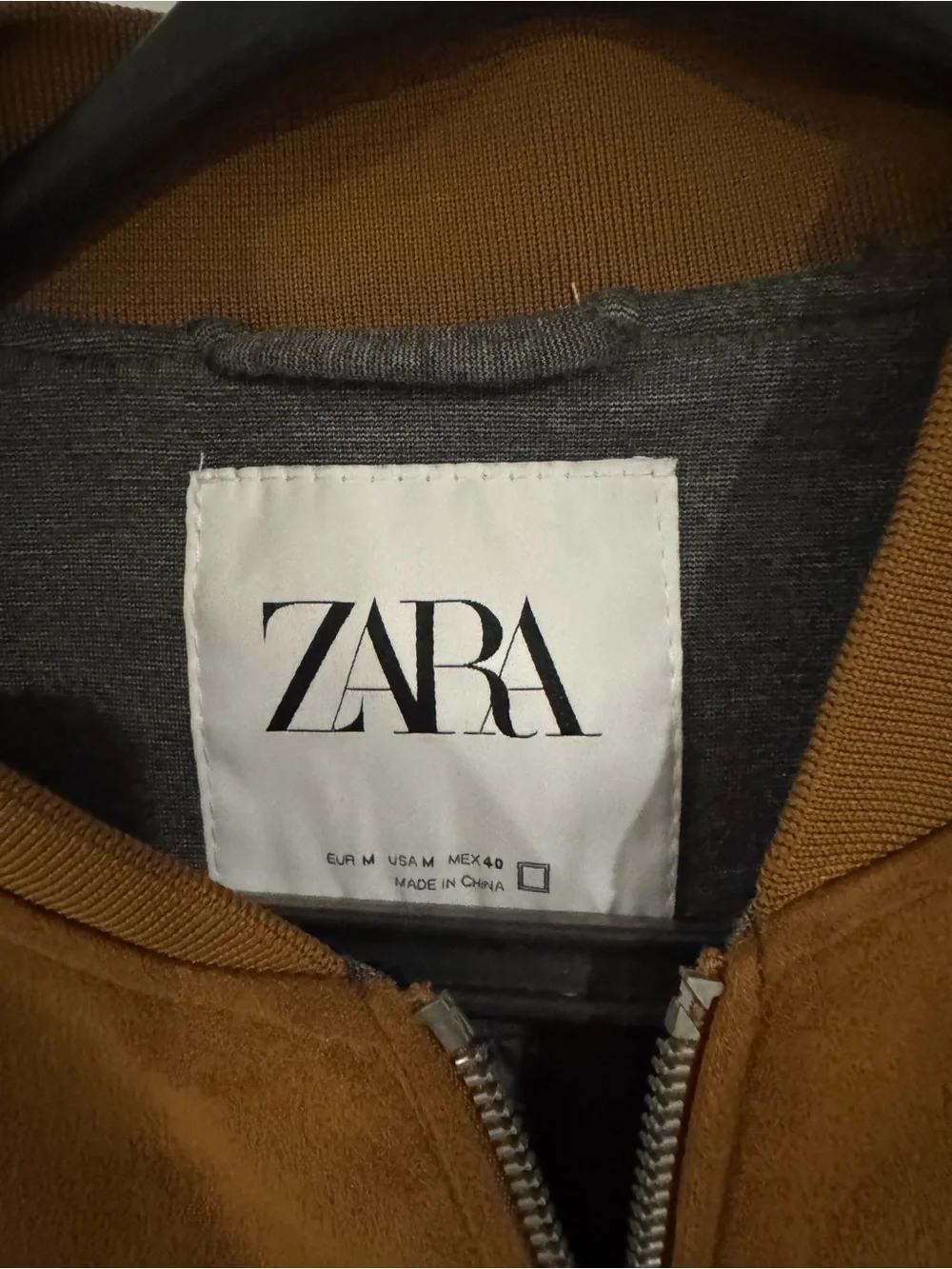Zara Two-Tone Suede-Look Bomber Jacket in Camel and Grey